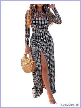 2 Piece Sheer Mesh Maxi Dress Set Long Sleeve Tie Waist Slit V Neck Slip Dress